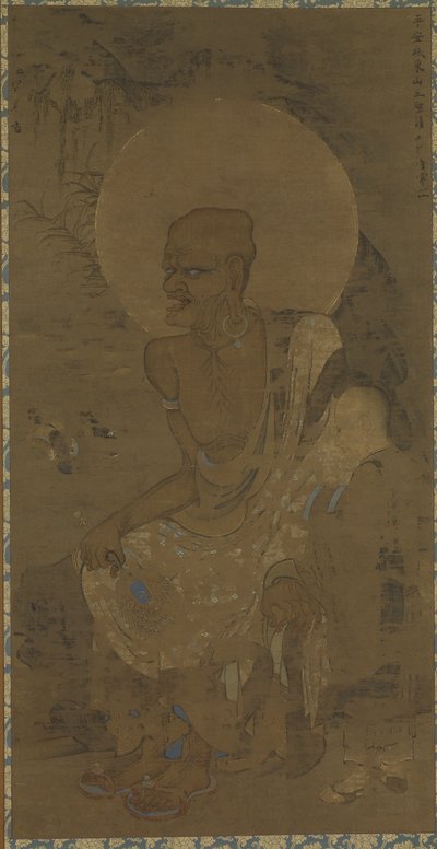 Arhat (Dakora Sonja - Nakula) seated; a man standing at his left, Nanbokucho period by Ryozen